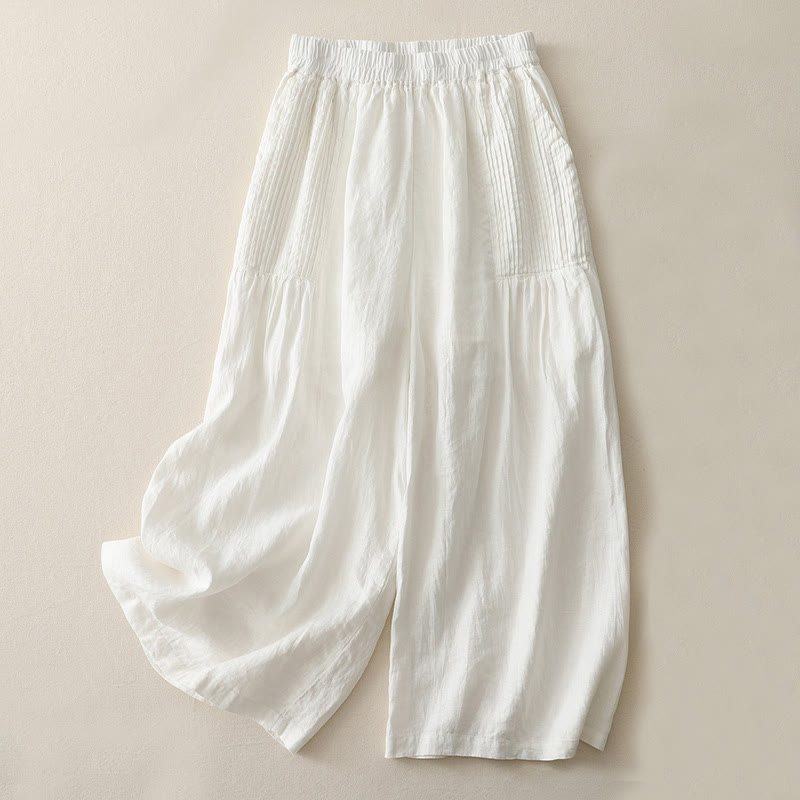 Buddha Stones Casual Plain Tucker Pleats Elastic Women's Polyester Wide Leg Pants With Pockets