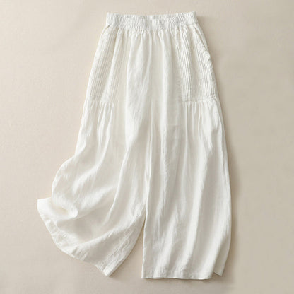 Buddha Stones Casual Plain Tucker Pleats Elastic Women's Polyester Wide Leg Pants With Pockets