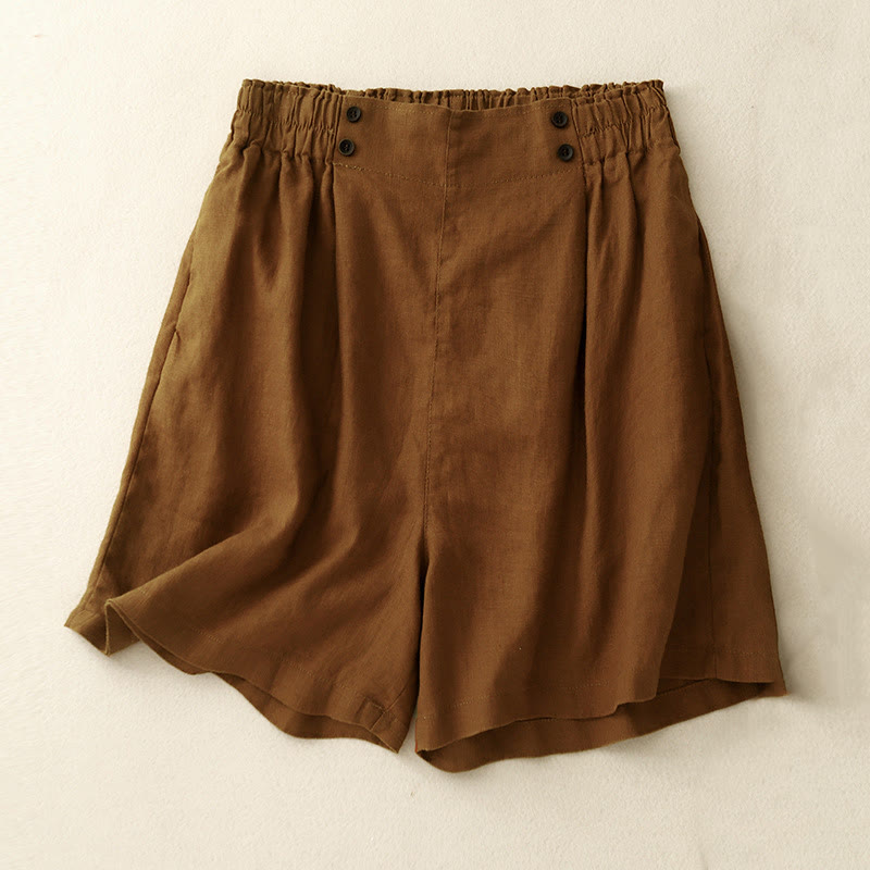 Buddha Stones Summer Casual Pleat Plain Cotton Linen Women's Shorts With Pockets