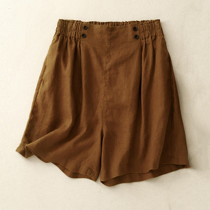 Buddha Stones Summer Casual Pleat Plain Cotton Linen Women's Shorts With Pockets
