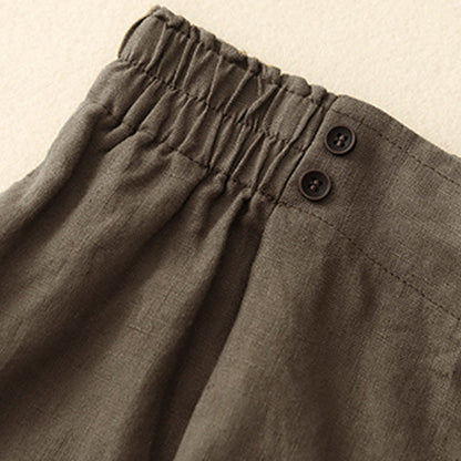 Buddha Stones Summer Casual Pleat Plain Cotton Linen Women's Shorts With Pockets