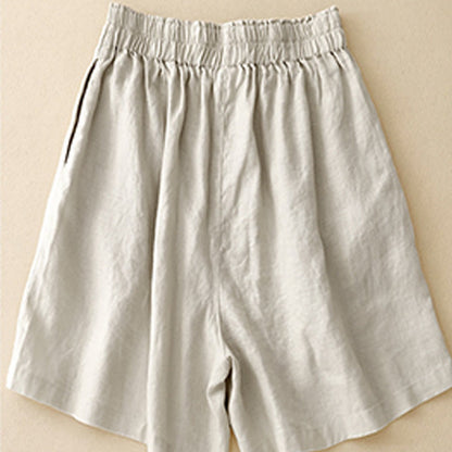 Buddha Stones Summer Casual Pleat Plain Cotton Linen Women's Shorts With Pockets