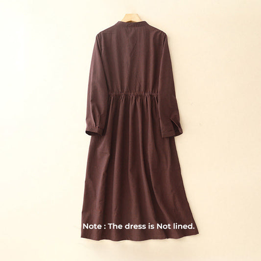 Buddha Stones Casual Plain Frog-button Cotton Midi Dress With Pockets