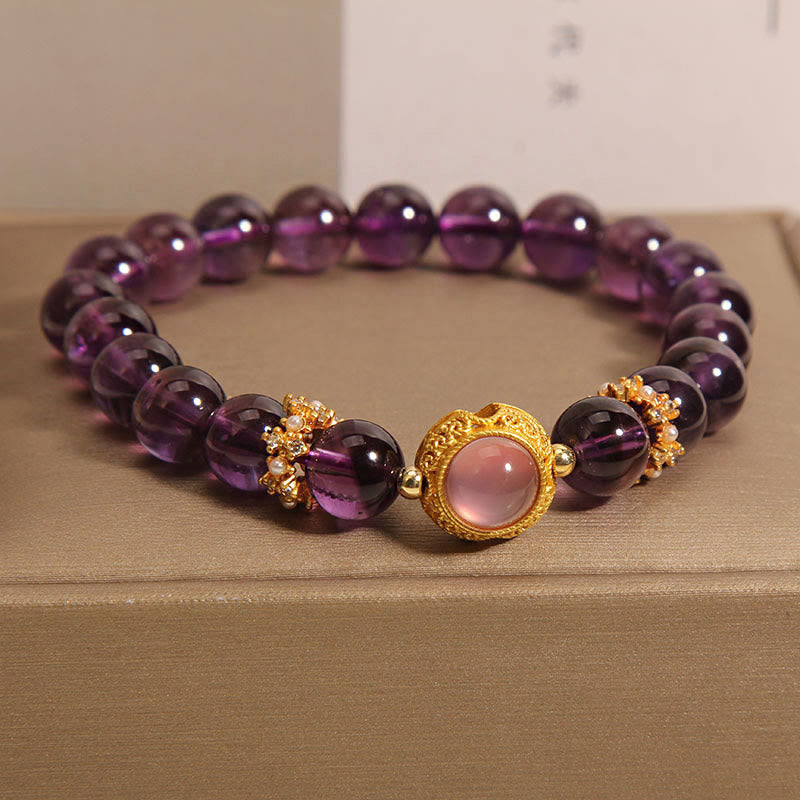 Buddha Stones Natural Amethyst Strawberry Quartz Beads Healing Bracelet