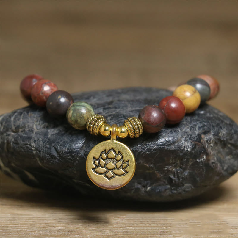 Buddha Stonesnatural Colorful Emperor Stone Lotus Pattern Anti-stress Bracelet