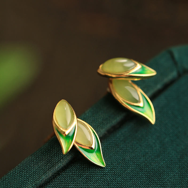 Buddha Stones 925 Sterling Silver Jade Leaf Prosperity Earrings