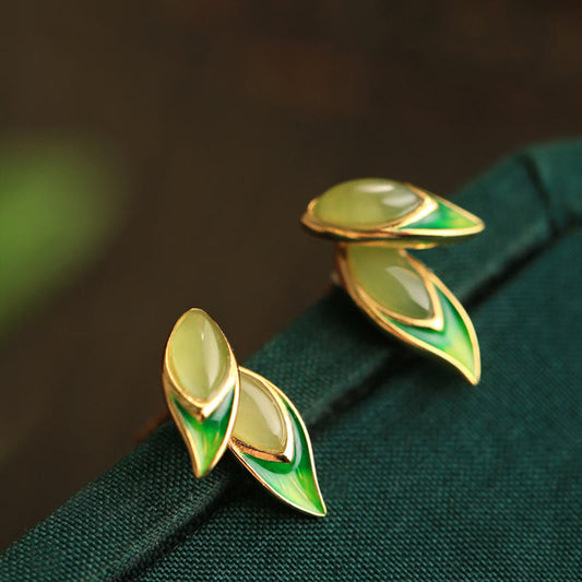 Buddha Stones 925 Sterling Silver Jade Leaf Prosperity Earrings