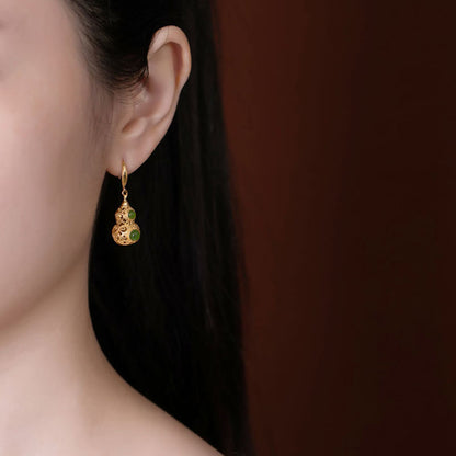 Buddha Stones Copper Hollow Gourd Jade Prosperity Earrings