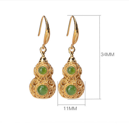 Buddha Stones Copper Hollow Gourd Jade Prosperity Earrings