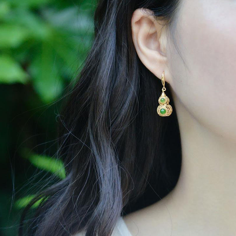 Buddha Stones Copper Hollow Gourd Jade Prosperity Earrings