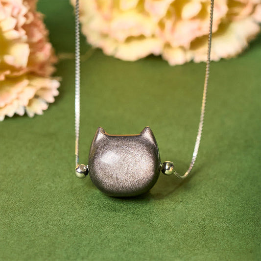 Buddha Stones 925 Sterling Silver Natural Silver Sheen Obsidian Gold Sheen Obsidian Cat Necklace