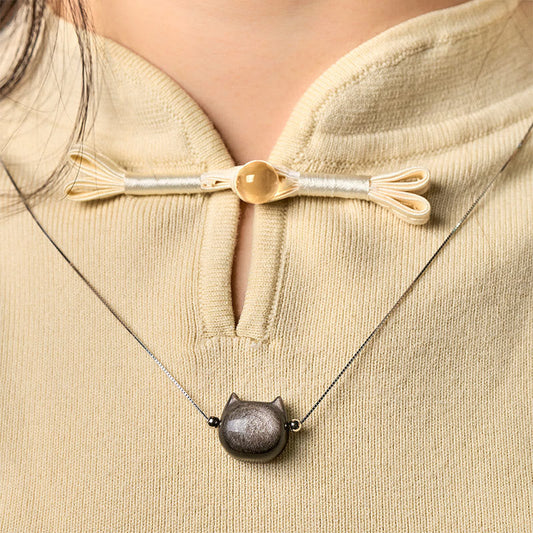 Buddha Stones 925 Sterling Silver Natural Silver Sheen Obsidian Gold Sheen Obsidian Cat Necklace