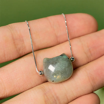 Buddha Stones 925 Sterling Silver Faceless Cat Head Natural Labradorite Healing Bracelet