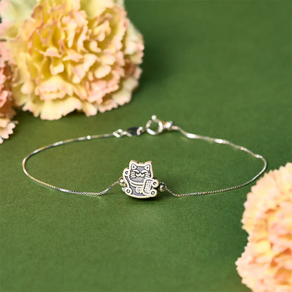 Buddha Stones 999 Sterling Silver Fortune Cat 925 Sterling Silver Chain Protection Bracelet