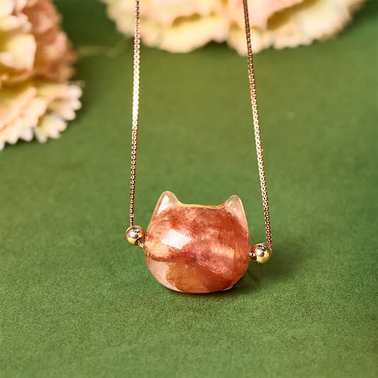 Buddha Stones 925 Sterling Silver Cat Head Natural Red Flower Quartz Protection Necklace Pendant