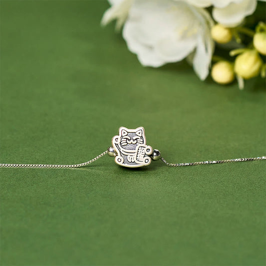 Buddha Stones 999 Sterling Silver Fortune Cat Protection 925 Sterling Silver Chain Necklace Pendant