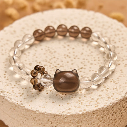 Buddha Stones Japanese Bobtail Cat Natural White Crystal Smoky Quartz Protection Bracelet