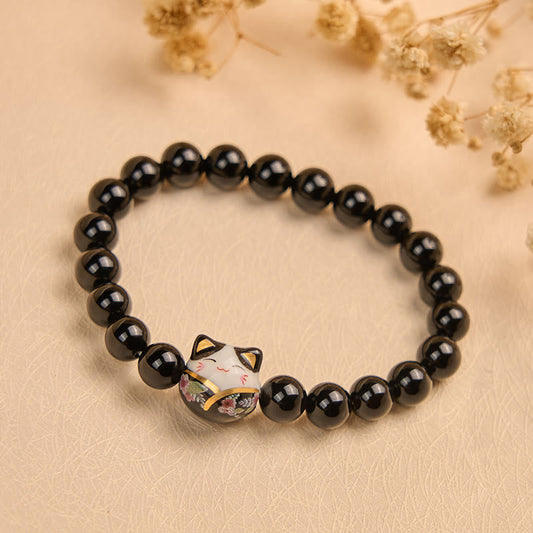 Buddha Stones Black Cat Natural Black Onyx Ceramic Kitten Fortune Bracelet