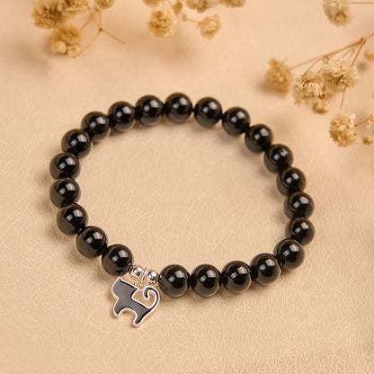 Buddha Stones 925 Sterling Silver Kitten Charm Black Cat Natural Black Onyx Protection Bracelet
