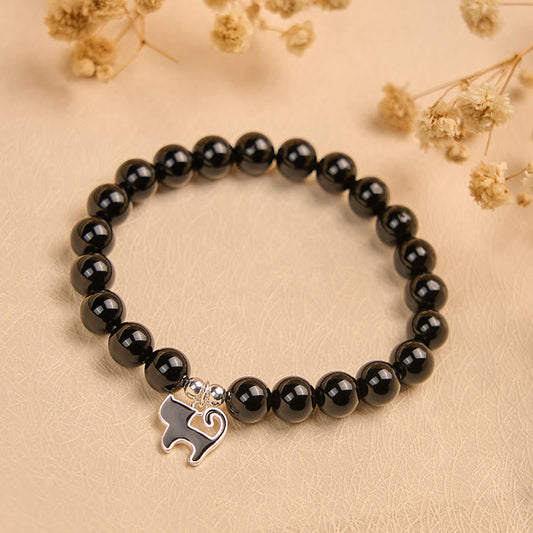 Buddha Stones 925 Sterling Silver Kitten Charm Black Cat Natural Black Onyx Protection Bracelet
