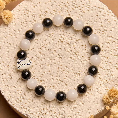 Buddha Stones Bicolor Cat Black Onyx White Chalcedony Fortune Bracelet