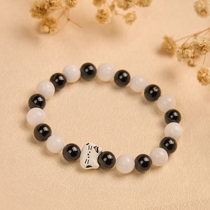 Buddha Stones Bicolor Cat Black Onyx White Chalcedony Fortune Bracelet