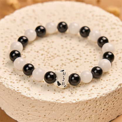 Buddha Stones Bicolor Cat Black Onyx White Chalcedony Fortune Bracelet