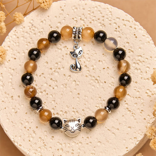 Buddha Stones Tortoiseshell Cat Light Brown Striped Agate Black Onyx Protection Bracelet