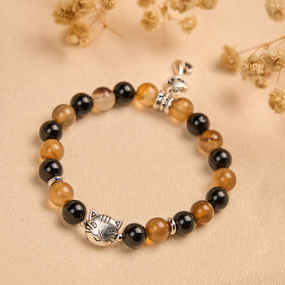 FREE Today: Protection and Support Handmade Save A Cat Light Brown Striped Agate Black Onyx Bracelet