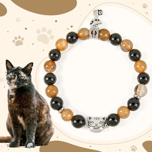 FREE Today: Protection and Support Handmade Save A Cat Light Brown Striped Agate Black Onyx Bracelet