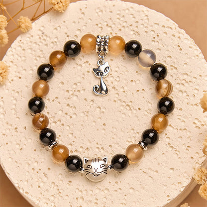 FREE Today: Protection and Support Handmade Save A Cat Light Brown Striped Agate Black Onyx Bracelet