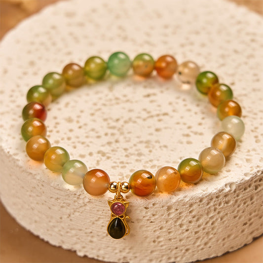 Buddha Stones 925 Sterling Silver Tourmaline Cat Natural Peacock Agate Courage Bracelet