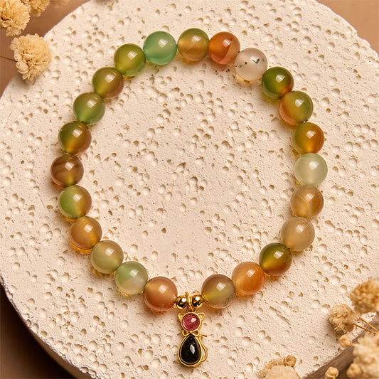 Buddha Stones 925 Sterling Silver Tourmaline Cat Natural Peacock Agate Courage Bracelet