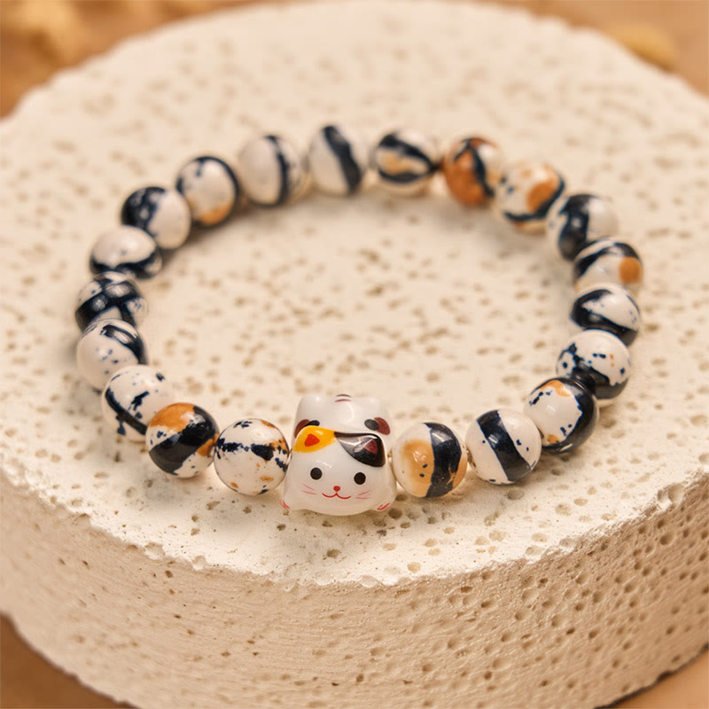 Buddha Stones Calico Cat Natural Stone Ceramic Kitten Head Strength Bracelet