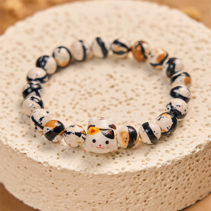 Buddha Stones Calico Cat Natural Stone Ceramic Kitten Head Strength Bracelet