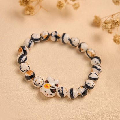 Buddha Stones Calico Cat Natural Stone Ceramic Kitten Head Strength Bracelet