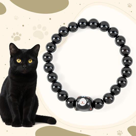 Buddha Stones Black Cat Natural Black Onyx Ceramic Kitten Support Bracelet