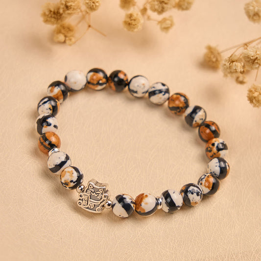 Buddha Stones 925 Sterling Silver Calico Cat Stone Bead Bracelet