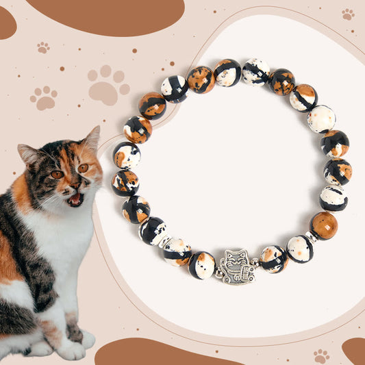 Buddha Stones 925 Sterling Silver Calico Cat Stone Bead Bracelet