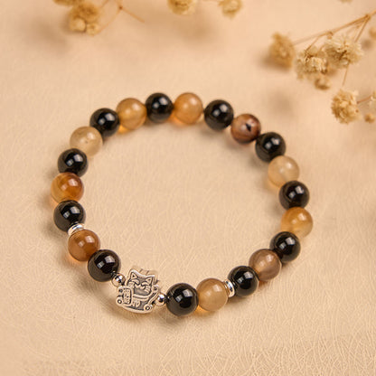Buddha Stones 925 Sterling Silver Tortoiseshell Cat Light Brown Striped Agate Black Onyx Bracelet