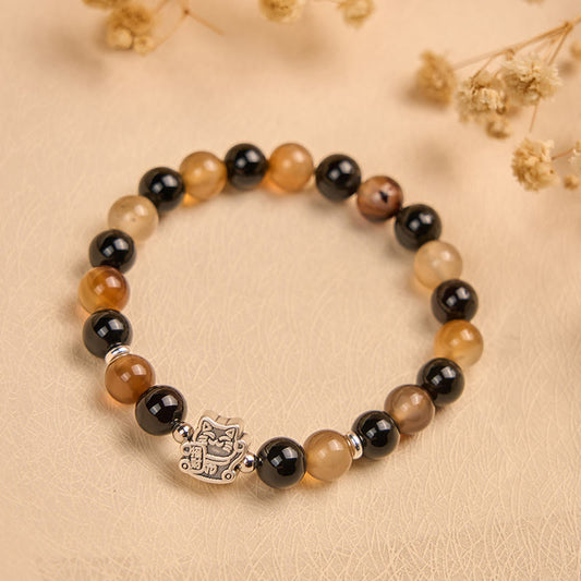 Buddha Stones 925 Sterling Silver Tortoiseshell Cat Light Brown Striped Agate Black Onyx Bracelet