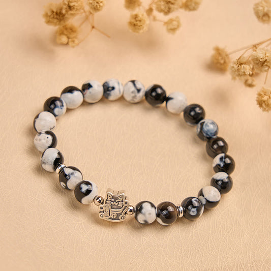 Buddha Stones 925 Sterling Silver Black and White Cat Fire Agate Bead Love Bracelet