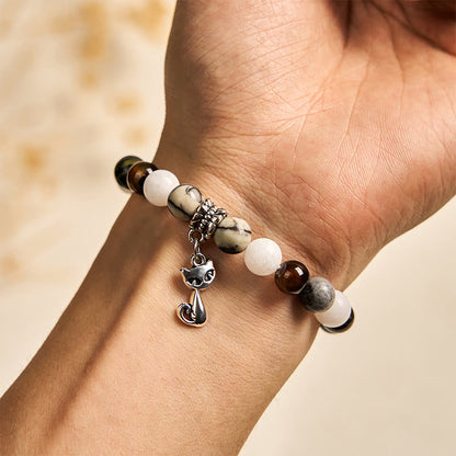 FREE Today: Protection Strength Handmade Save A Cat Black Veined Jasper Brown Striped Agate Bracelet