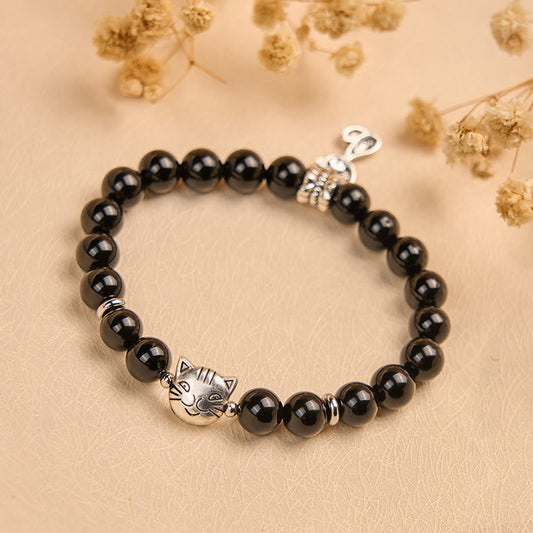 Buddha Stones Black Cat Natural Black Onyx Kitten Support Bracelet