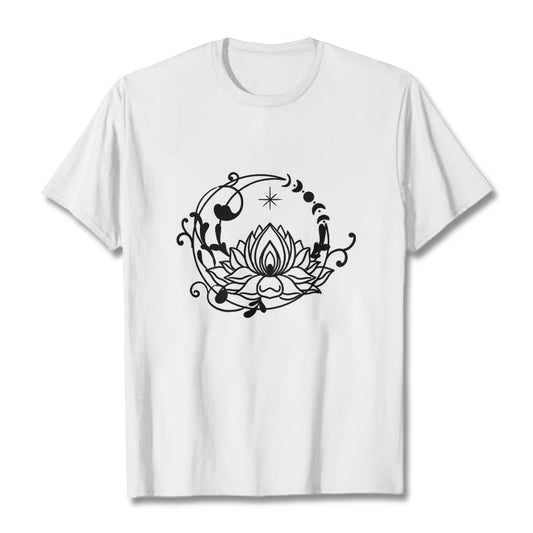 Buddha Stones Simple Design Lotus Flower Moon Flowing Vines Pattern Cotton Tee T-shirt