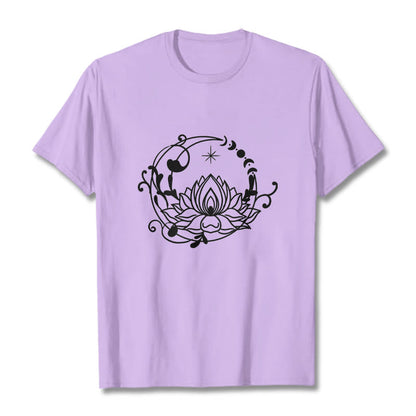 Buddha Stones Simple Design Lotus Flower Moon Flowing Vines Pattern Cotton Tee T-shirt