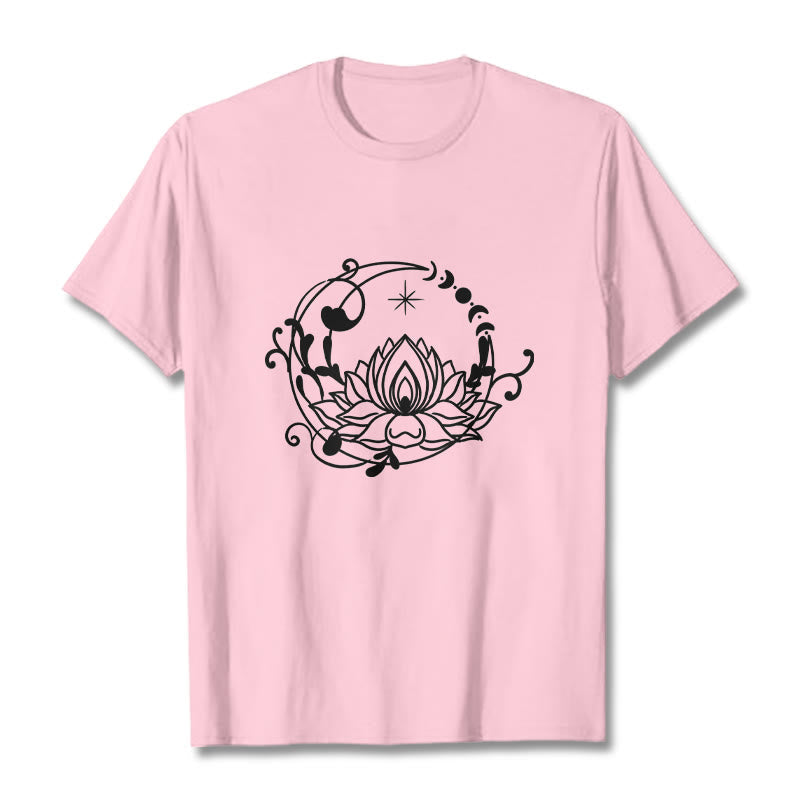 Buddha Stones Simple Design Lotus Flower Moon Flowing Vines Pattern Cotton Tee T-shirt