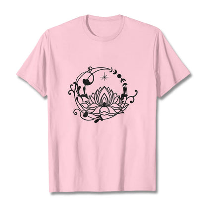 Buddha Stones Simple Design Lotus Flower Moon Flowing Vines Pattern Cotton Tee T-shirt