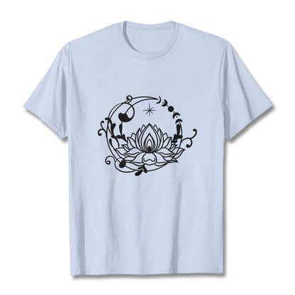 Buddha Stones Simple Design Lotus Flower Moon Flowing Vines Pattern Cotton Tee T-shirt