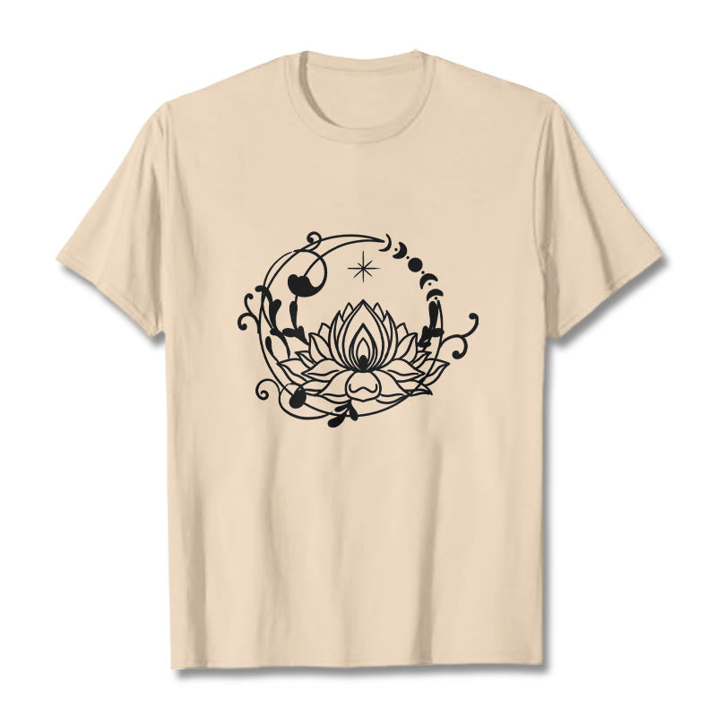 Buddha Stones Simple Design Lotus Flower Moon Flowing Vines Pattern Cotton Tee T-shirt
